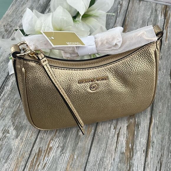 Michael Kors Jet Set Charm Small Metallic Pebbled Leather Pochette Bag Purse - Picture 3 of 11